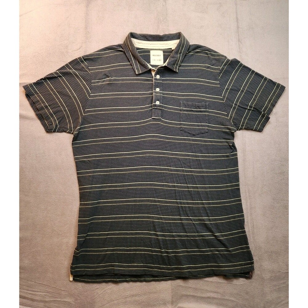 Billy Reid Polo Shirt Men's 2XL Blue Striped Short Sleeve Pocket Cotton Casual